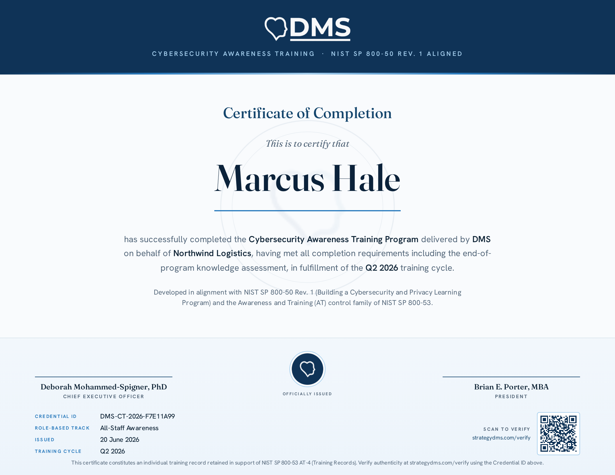 Sample DMS certificate of completion for Marcus Hale at Northwind Logistics, Q2 2026 training cycle, showing credential ID, role track, issue date, and a verification QR code.